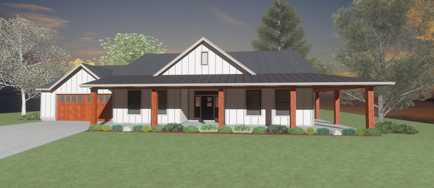 Rendering of the exterior of a custom Farmhouse style from Design NW