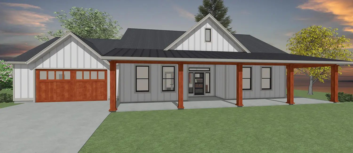 Rendering of the exterior of a custom Farmhouse style from Design NW