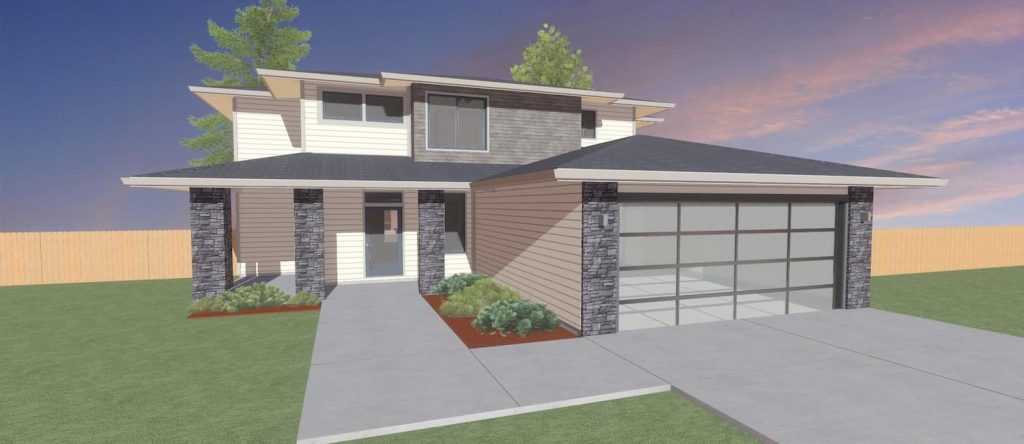 Elevation rendering of a 2,314 sq ft modern style home from Design NW