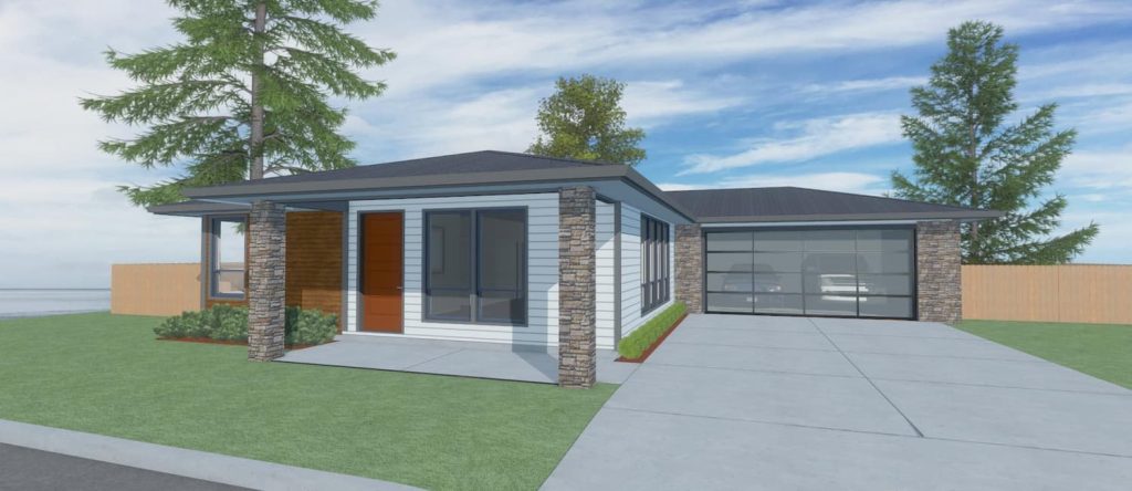 Elevation rendering of a 1,104 sq ft modern style house from Design NW