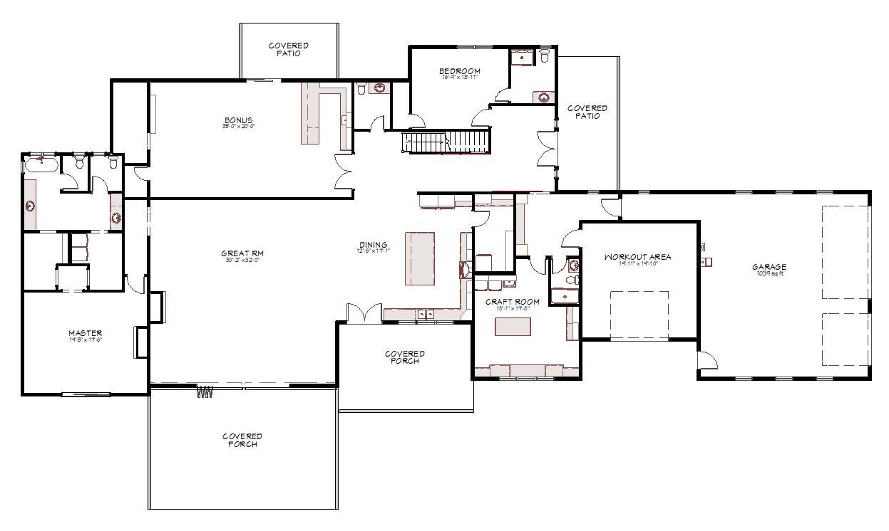 Plan view of the first floor of a custom home from Design NW