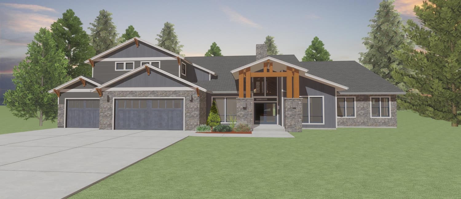 Rendering of an elevation view of a custom home from Design NW