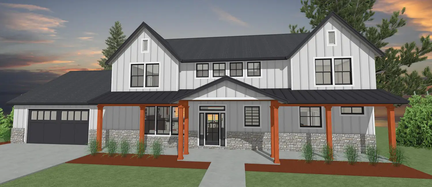 Rendering of the exterior of a custom Farmhouse style home from Design NW
