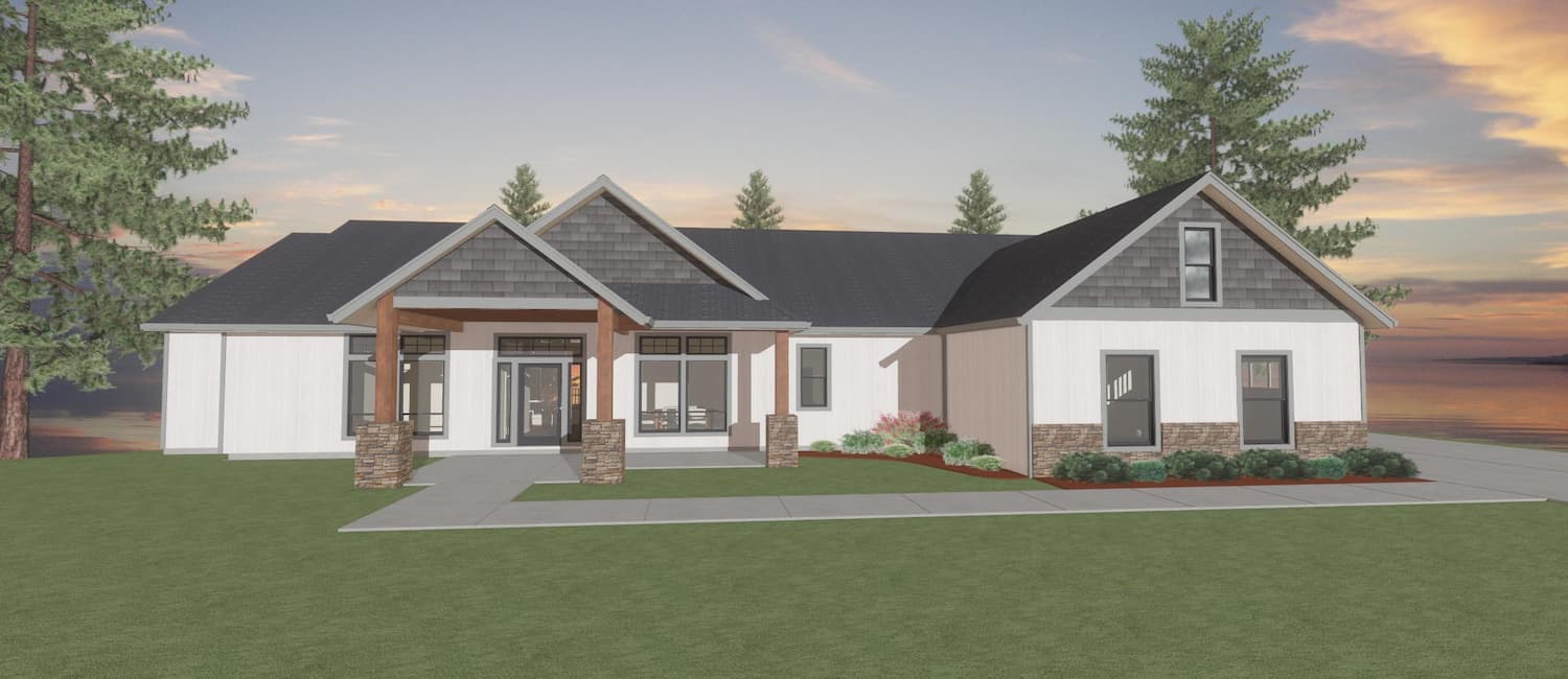 Elevation 3D rendering of a custom traditional style home from Design NW