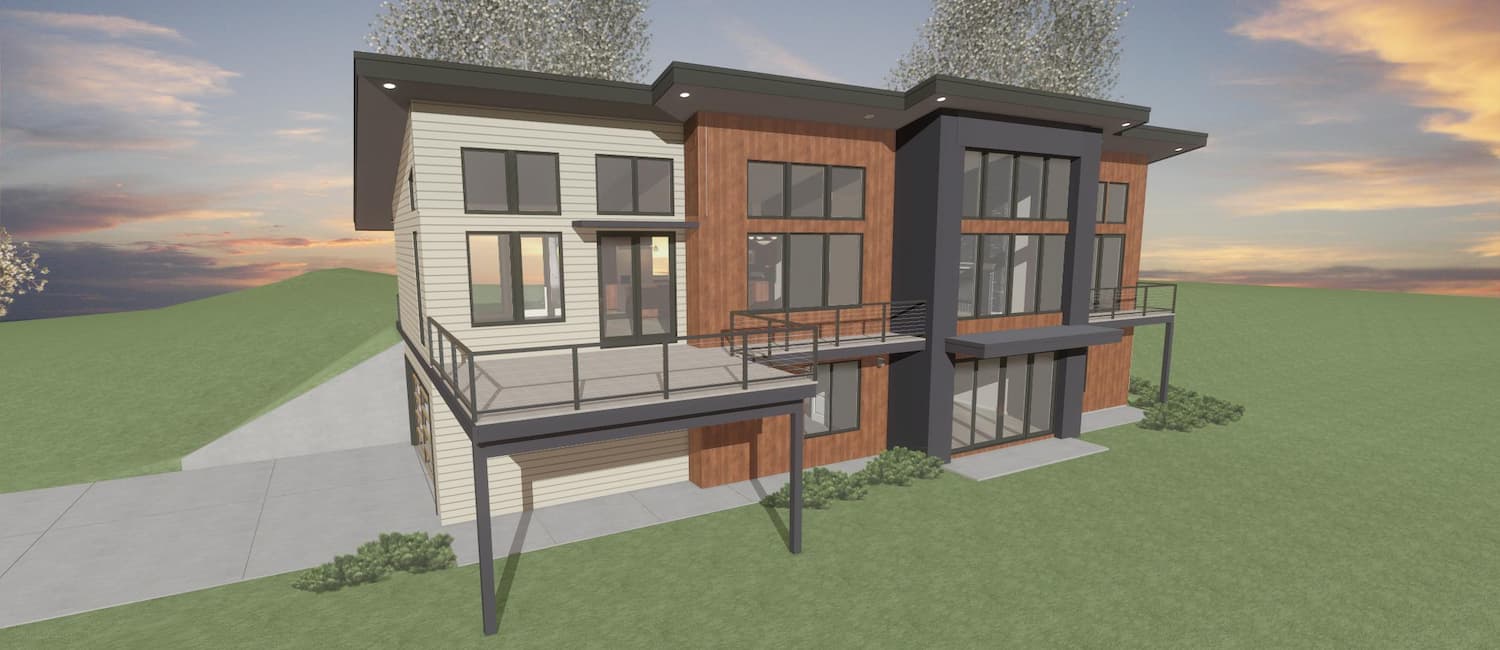 Elevation 3D rendering of a custom modern style home from Design NW