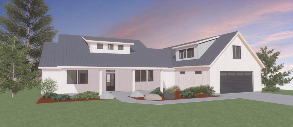 Elevation 3D rendering of a custom farmhouse from Design NW