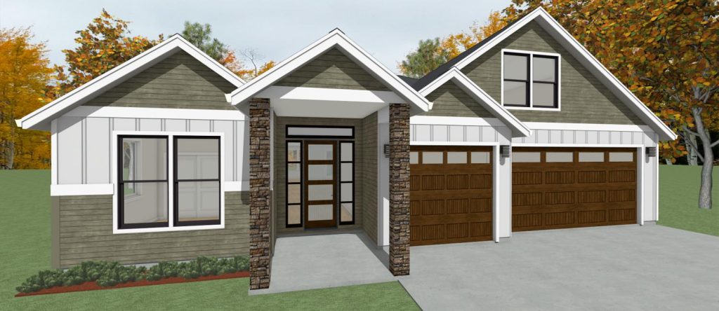 Rendering of the elevation of a farmhouse 2466sf home by Design NW