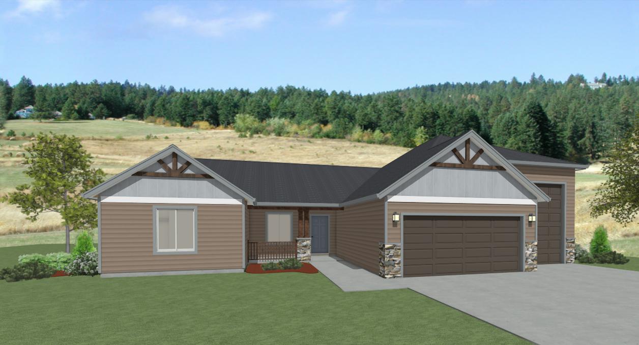 Rendering of the elevation of a farmhouse 1576sf home by Design NW