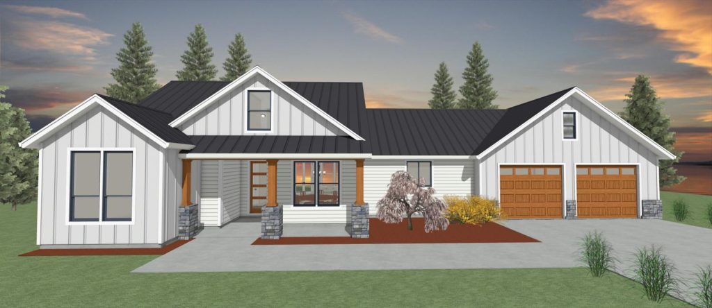 Rendering of a2362sf farmhouse from Design NW