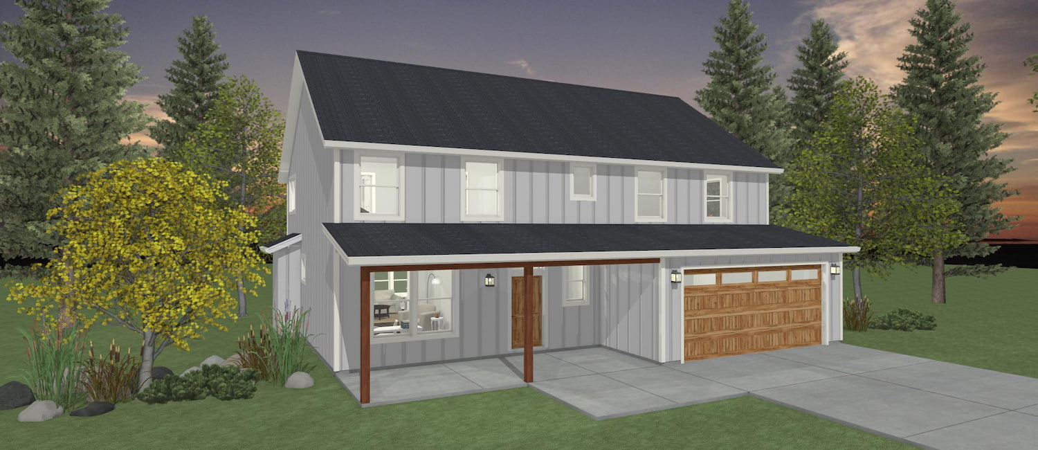 Elevation 3D rendering of a custom farmhouse style home from Design NW