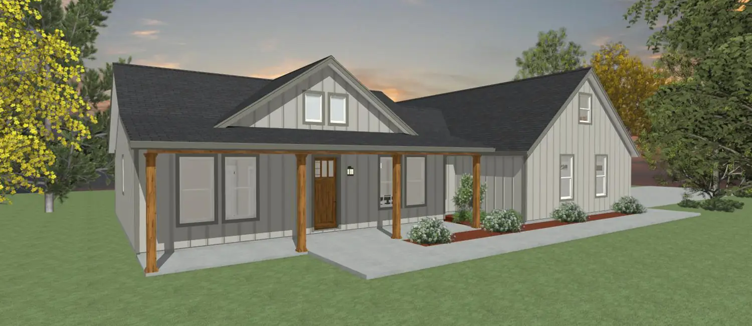 Rendering of the exterior of a custom Farmhouse style home from Design NW