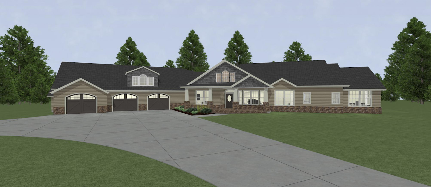 Elevation 3D rendering of a custom home from Design NW